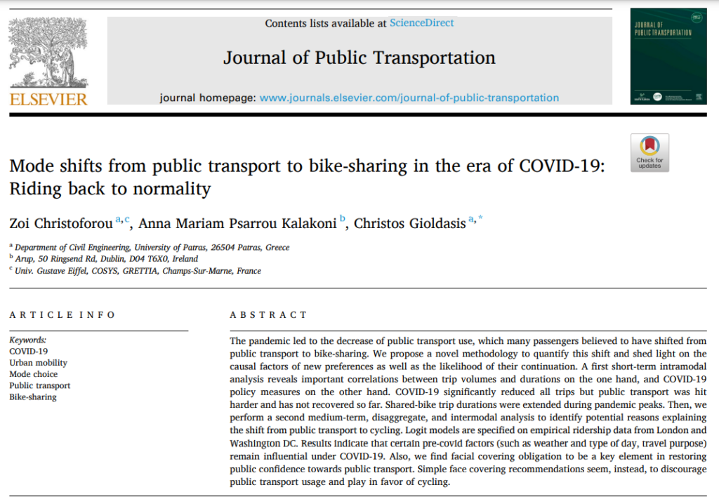 First page of paper "New article: Mode shifts from public transport to bike-sharing in the era of COVID-19: Riding back to normality"
